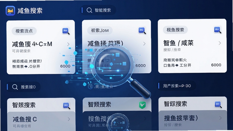 咸鱼搜 智能搜索界面 多个搜索结果卡片 放大镜图标 数据流线条 科技感 蓝色调 手机应用截图风格