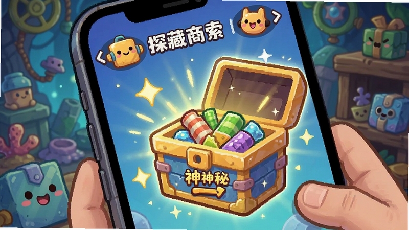 咸鱼搜 发现宝藏 隐藏商品 神秘盒子 闪光效果 探索主题 手机屏幕 卡通风格
