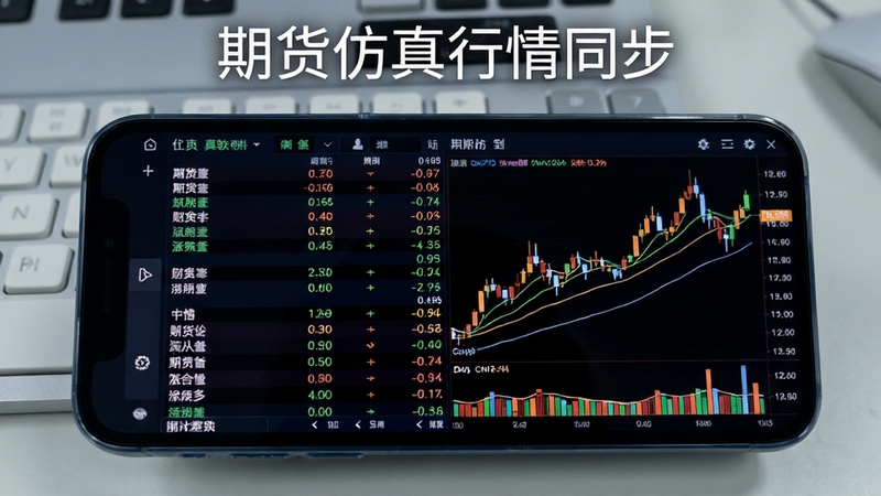 期货仿真软件实时行情页面截图风格,画面主体为手机屏幕显示多个期货品种的涨跌列表与K线走势图,背景区域为浅灰色工作台面,屏幕上方标注期货仿真行情同步,整体色调冷静专业,适合Boogu模型生成