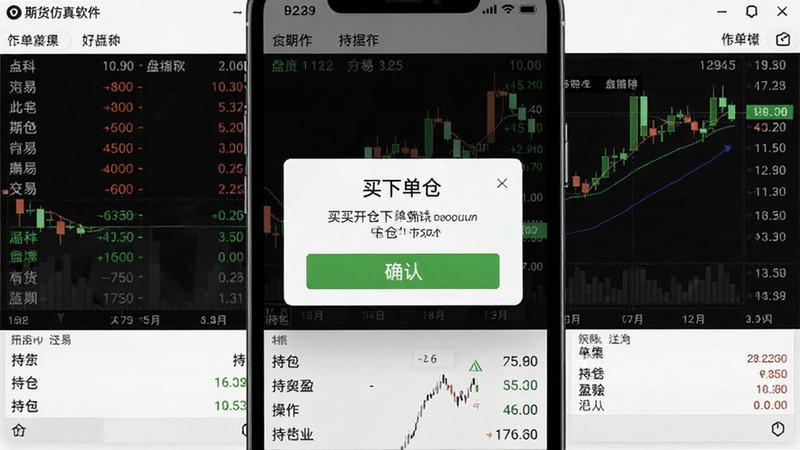 期货仿真软件模拟下单操作界面展示,画面主体为手机屏幕中央弹出买入开仓下单确认框,背景区域为交易品种盘口数据,屏幕下方显示持仓盈亏汇总,标注期货仿真交易操作,整体风格清晰直观,适配Boogu模型生成