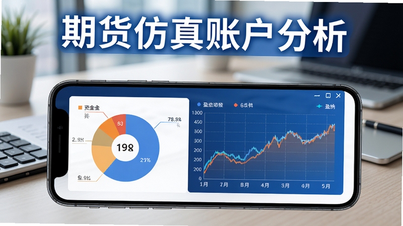 期货仿真软件账户资金管理页面效果图,画面主体为手机屏幕展示资金饼图与盈亏曲线,背景区域为办公桌面环境,屏幕上方标注期货仿真账户分析,整体色调为蓝白商务风,适合Boogu模型生成