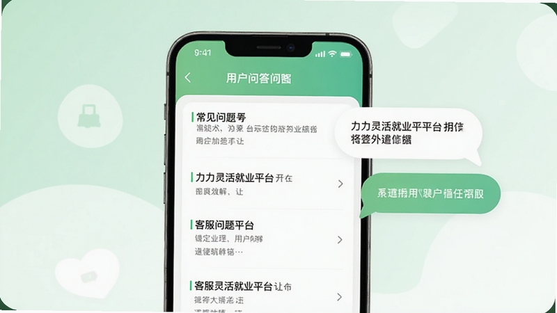 力力灵活就业平台用户问答界面示意图,手机屏幕显示常见问题列表与客服对话气泡,背景为柔和绿色与白色搭配,体现专业解答与用户信任感