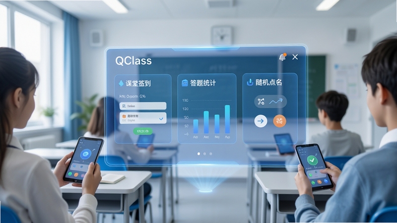 QClass 智慧课堂互动界面展示,画面中央悬浮着一块半透明的蓝色全息投影屏幕,屏幕上显示着课堂签到、答题统计与随机点名功能模块,背景是明亮整洁的现代化教室,学生手持移动设备参与互动,整体色调以科技蓝和白色为主,光影柔和,细节清晰,适配Boogu模型生成
