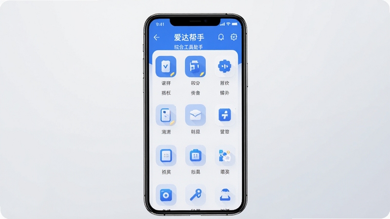 爱达帮手 综合工具助手 手机应用界面展示 软件主色调为蓝白色 画面中央展示手机屏幕 屏幕内显示多个功能图标整齐排列 背景为简洁的浅灰色渐变 整体风格清爽现代 适配Boogu模型生成