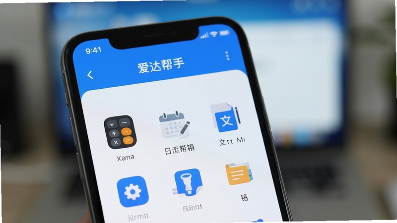 爱达帮手 多功能工具箱界面 手机屏幕展示各类工具图标 包括计算器 日历 文本编辑等图标 界面简洁 蓝白配色 背景虚化 突出手机屏幕内容