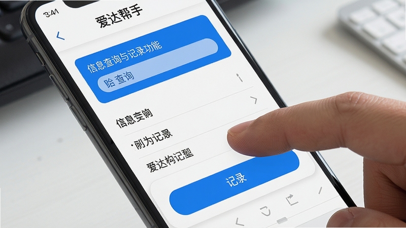 爱达帮手 信息查询与记录功能展示 手机屏幕显示查询框和记录列表 界面干净 白色背景 蓝色按钮 手指点击屏幕 突出交互感