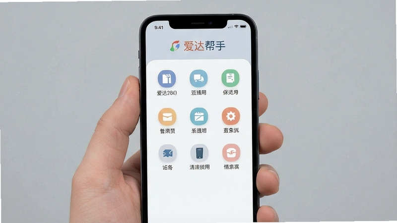 爱达帮手 简洁界面设计 手机屏幕展示主界面 功能图标排列整齐 配色柔和 背景为淡雅灰色 突出清爽易用的视觉风格