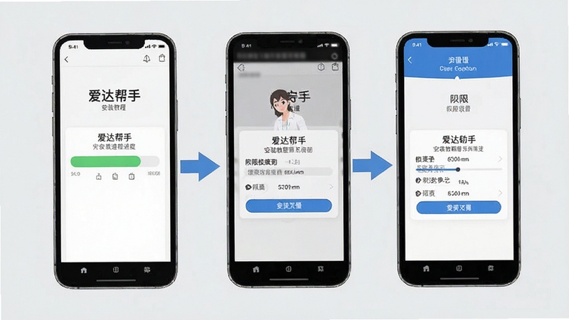 爱达帮手 安装教程示意图 手机屏幕显示安装进度条和权限设置界面 背景为浅灰色 简洁明了 突出步骤引导