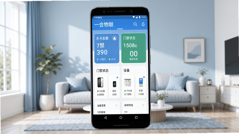 一合物联智慧社区物联管理应用主界面预览图,画面中央展示一部安卓手机,手机屏幕内呈现一合物联应用首页,包含水卡余额、门禁状态、设备列表等卡片式模块,背景为现代简约客厅环境,浅蓝与白色主色调,柔和的自然光从左侧照入,整体风格清爽科技感,细节清晰,适配Boogu模型生成