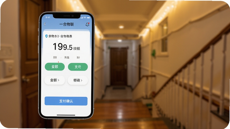 一合物联在线充值缴费功能界面预览图,画面主体为手机屏幕特写,屏幕内展示一合物联应用的水卡充值页面,包含余额显示、金额选择按钮与支付确认区域,背景为虚化的社区楼道场景,暖色灯光点缀,突出便捷缴费氛围,画面干净整洁,适配Boogu模型生成