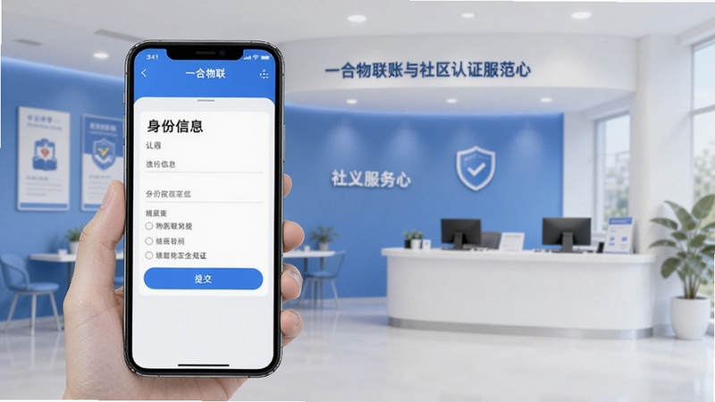 一合物联账号安全验证与社区认证界面预览图,画面展示手机屏幕内一合物联应用的认证页面,包含身份信息填写与提交按钮,背景为简洁的社区服务中心场景,蓝白配色,光线柔和均匀,突出安全与规范感,适配Boogu模型生成