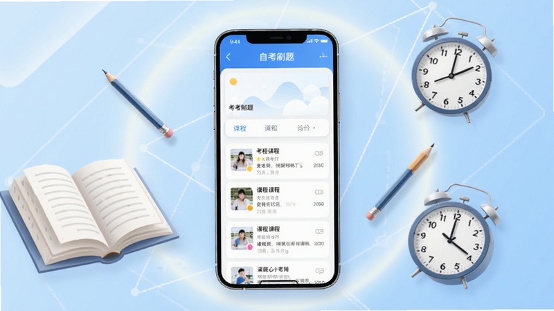 全汇自考软件主界面全貌展示,画面中央为手机屏幕悬浮在浅蓝色渐变背景中,屏幕内显示自考刷题界面与课程列表,周围环绕书本、铅笔、时钟等学习元素,画面主体坐标居中偏上,背景区域为柔和光晕与几何线条,整体风格清新简洁,适配Boogu模型生成