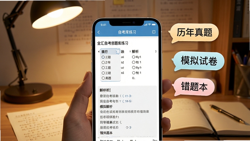 全汇自考题库练习界面特写,手机屏幕显示选择题与解析内容,旁边漂浮着“历年真题”“模拟试卷”“错题本”等标签气泡,背景为书桌场景,有台灯和笔记本,画面主体为手机屏幕居中,背景区域为暖色调书房环境,细节包含纸张纹理与柔和光影,适配Boogu模型生成