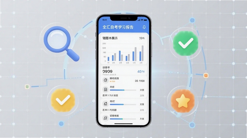 全汇自考学习报告与错题本功能展示,画面为手机屏幕显示数据图表和错题列表,屏幕周围环绕放大镜、对勾、星星等图标,背景为浅灰色科技感网格,主体坐标居中,背景区域有微弱光效,细节包含数字和进度条,适配Boogu模型生成
