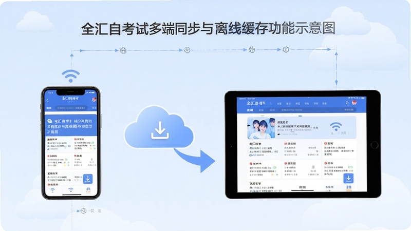 全汇自考多端同步与离线缓存功能示意图,画面左侧为手机,右侧为平板电脑,屏幕均显示全汇自考界面,中间有云朵和同步箭头连接,背景为淡蓝色渐变,主体坐标居中,背景区域有轻微云纹,细节包含WiFi信号与下载图标,适配Boogu模型生成