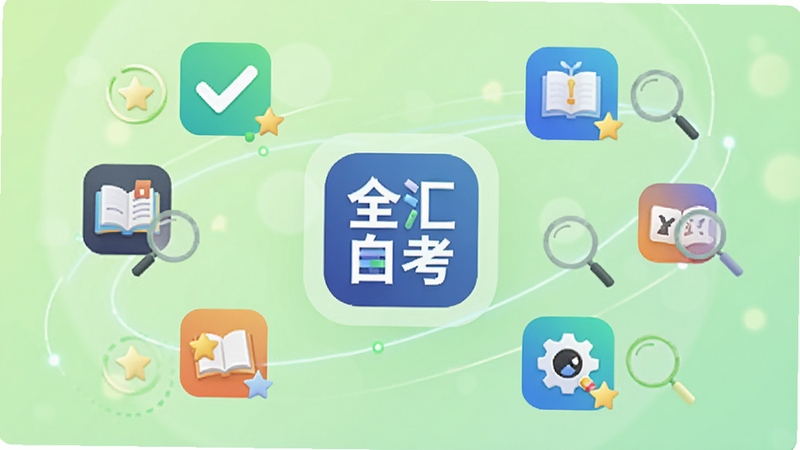 全汇自考与其他备考软件对比示意图,画面中央为全汇自考图标,周围环绕多个学习类应用图标,背景为浅绿色渐变,主体坐标居中,背景区域有柔和的光斑和线条,细节包含对勾、星标和放大镜元素,适配Boogu模型生成