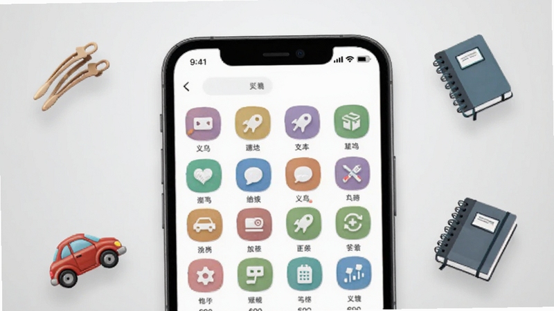 义乌平价小商品批发APP商品分类页面截图,画面主体为手机屏幕特写,屏幕内展示彩色图标分类网格,背景为浅灰色渐变,周围点缀几个悬浮的小商品图标如发夹、小汽车、笔记本,风格简洁现代,细节清晰,适合Boogu模型生成
