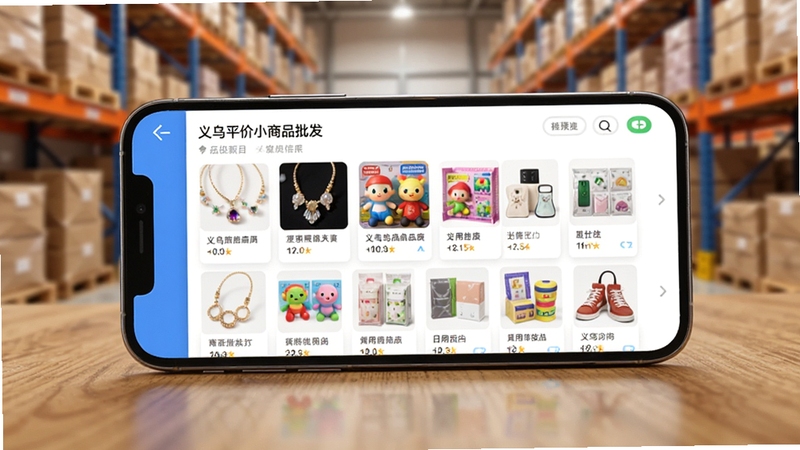 画面主体为一部智能手机平放在木质桌面上,屏幕显示义乌平价小商品批发APP首页界面,界面内整齐排列着饰品、玩具、日用百货等商品缩略图,背景区域是温馨的仓库货架环境,光线柔和明亮,整体风格写实且富有生活气息,分辨率高清,适配Boogu模型生成