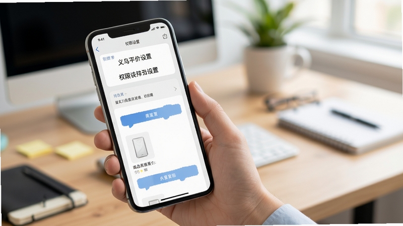 义乌平价小商品批发APP使用教程示意图,画面主体为手持手机展示操作步骤,手机屏幕显示权限设置界面与商品列表,背景为模糊的办公桌面,风格清新明亮,细节丰富,适合Boogu模型生成