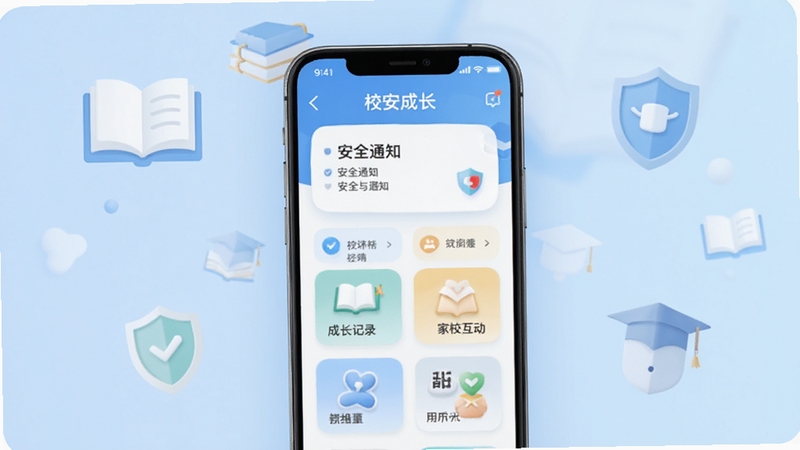 校安成长 手机应用主界面展示图,画面中央为一部智能手机,屏幕上显示校安成长的首页,包含安全通知、成长记录、家校互动等卡片式功能入口;背景为柔和的淡蓝色渐变,点缀书本、盾牌等象征校园安全的简约图标,整体风格清新明快,适配Boogu模型生成