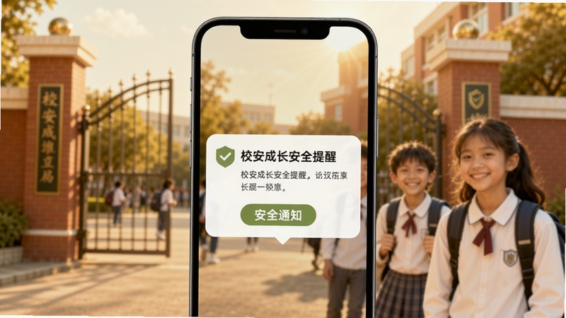 校安成长 安全通知推送功能示意图,画面展示一部手机屏幕弹出安全通知卡片,卡片上写有校安成长安全提醒字样,背景是学校大门和微笑的学生,色调温暖,突出信息传达的及时性