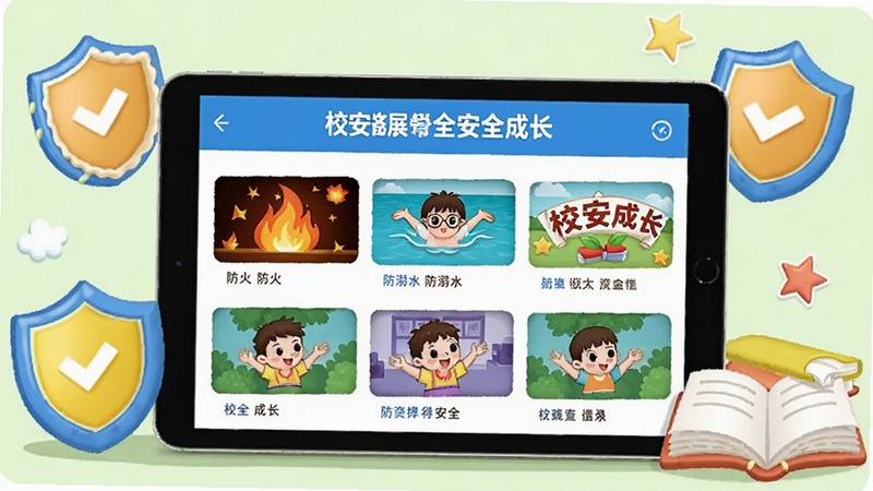 校安成长 安全教育资源库界面,画面中央为平板电脑显示校安成长的安全视频列表,包含防火、防溺水等封面图,周围环绕卡通风格的盾牌和书本,背景为浅绿色,体现安全与学习的结合