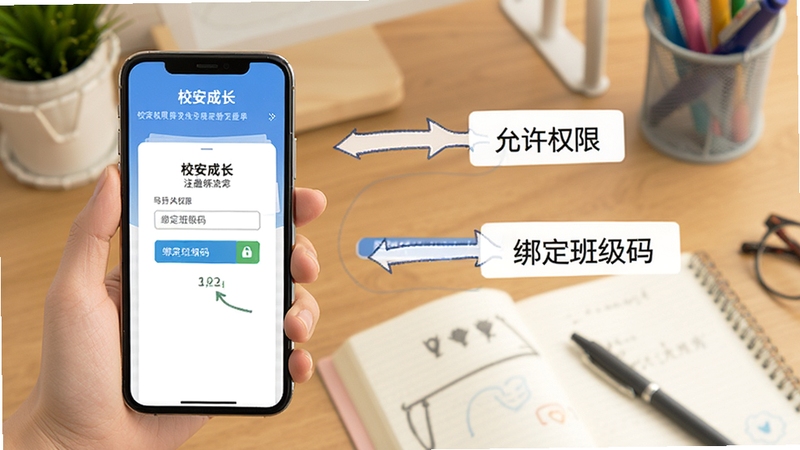 校安成长 使用教程示意图,画面展示一只手拿着手机,屏幕上显示校安成长的注册绑定流程,旁边有箭头标注“允许权限”“绑定班级码”等步骤,背景为书桌和文具,风格简洁直观