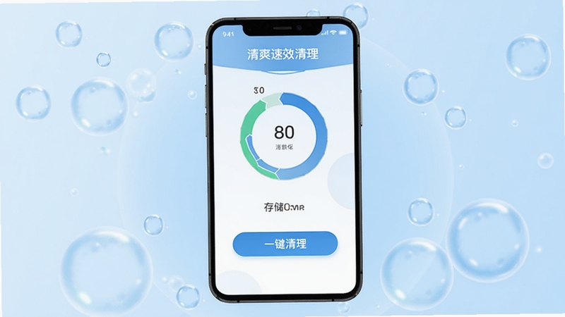 清爽速效清理 软件主界面截图,画面中央展示手机屏幕,屏幕内为清爽速效清理APP的仪表盘风格UI,显示存储占用环形图与一键清理按钮,背景为淡蓝色渐变,周围点缀微小的清洁气泡图标,整体风格简洁明快,符合工具类应用视觉调性