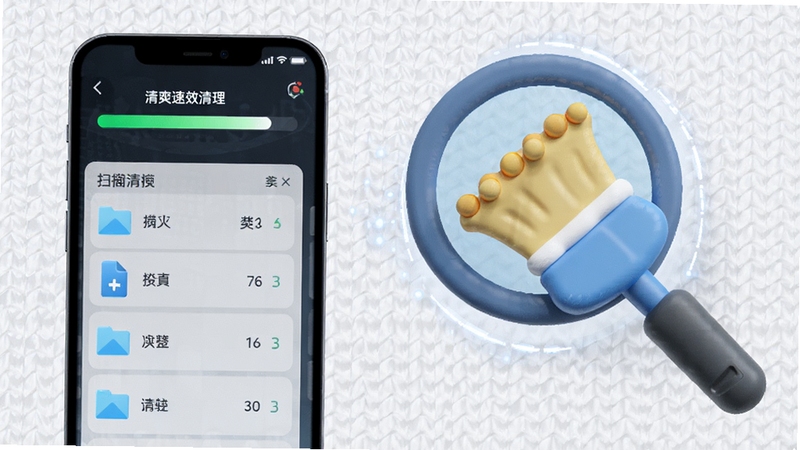 清爽速效清理 深度扫描功能展示图,画面左侧为手机屏幕显示扫描进度条与文件分类列表,右侧为放大镜与清洁刷工具组合的立体图标,背景为浅灰色网格纹理,突出科技感与清洁效率