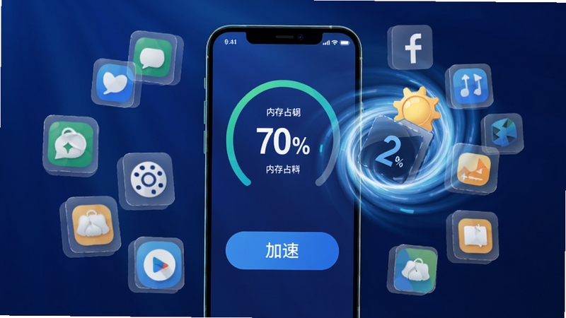 清爽速效清理 内存加速界面示意图,画面中心为手机屏幕显示内存占用百分比与加速按钮,屏幕周围环绕着代表后台应用的半透明方块,部分方块被吸入清理漩涡,背景为深蓝色渐变,体现加速释放的视觉效果