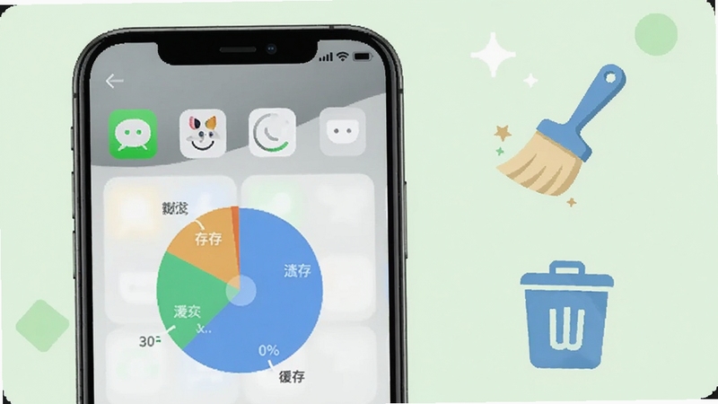 清爽速效清理 微信专清功能界面,手机屏幕显示社交软件图标与缓存分类饼状图,旁边有清理刷和垃圾桶图标,背景为淡绿色,氛围轻松干净