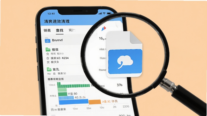 清爽速效清理 大文件查找界面,手机屏幕显示文件列表与体积条形图,屏幕外有放大镜聚焦在一个大文件图标上,背景为浅橙色,突出发现与筛选主题