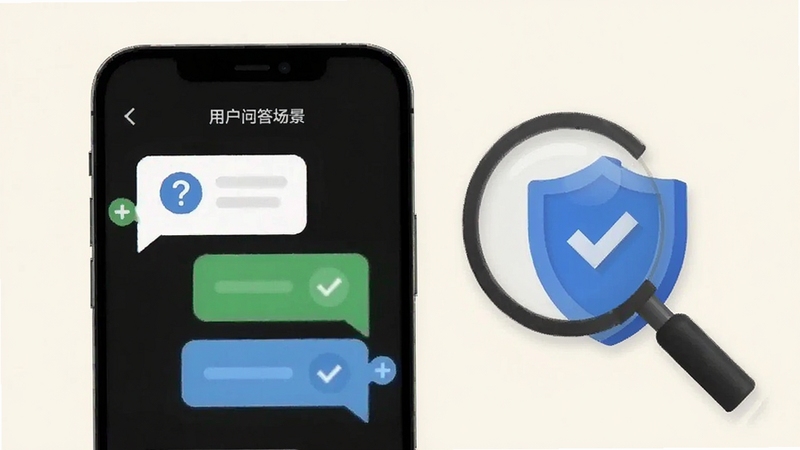 清爽速效清理 用户问答场景图,画面为一部手机屏幕显示问答对话气泡,气泡内包含问号与对勾图标,手机旁边有放大镜和盾牌元素,背景为柔和米白色,传递安全可靠的沟通氛围