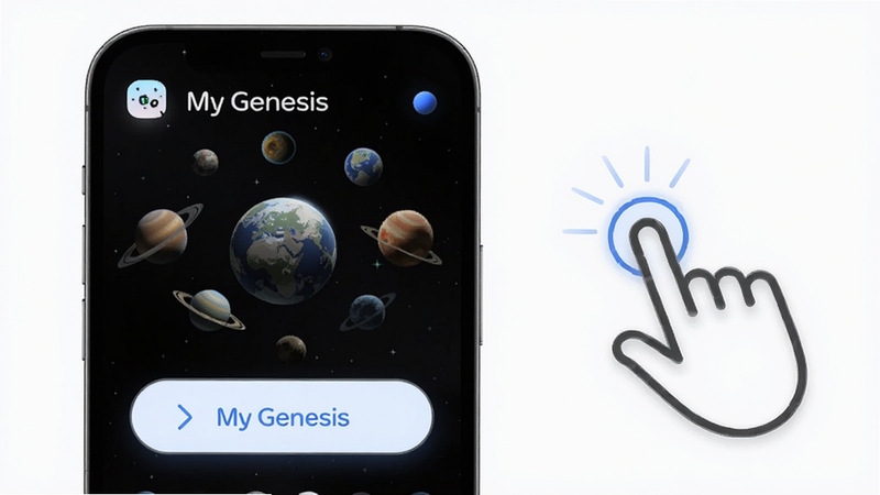 My Genesis 轻量化操作界面示意图,展示手机屏幕上的简洁 UI 布局,主按钮清晰可见,背景是正在演化的星球缩略图,画面右侧有手势点击的示意图标,整体风格清爽现代,带有 My Genesis 的图标元素,适合 Boogu 模型生成,突出易用性和直观性