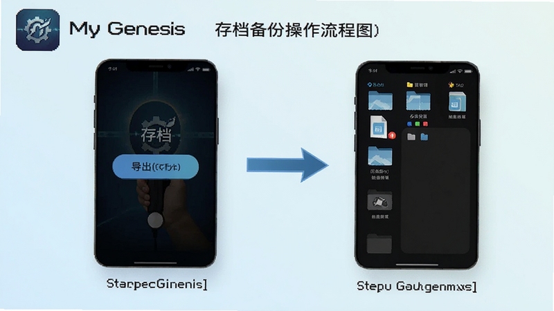 My Genesis 存档备份操作流程图,画面展示手机屏幕上的导出存档按钮和文件管理器中备份文件的存放位置,用箭头标注操作顺序,背景为浅色渐变,带有 My Genesis 的图标标识,风格简洁清晰,适合 Boogu 模型生成,突出步骤感和实用性