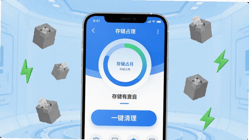 画面中央放置一部现代智能手机,屏幕显示清爽速效清理APP主界面,界面以蓝白清爽配色为主,上方有环形存储占用图表和“一键清理”大按钮,背景为浅蓝色渐变科技空间,周围漂浮着代表垃圾文件的灰色小方块和代表加速的绿色闪电符号,整体风格简洁明快,适配Boogu模型生成。