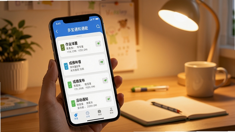 多宝课堂家校通知功能展示,手机屏幕显示通知列表,包含作业布置、成绩发布、活动通知等条目,界面简洁清晰,背景为家庭书桌场景,暖色调灯光,突出即时通讯的便捷感