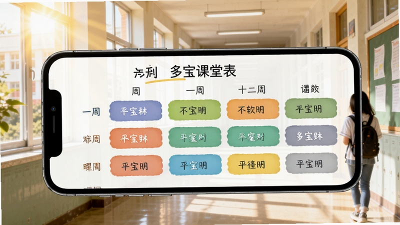 多宝课堂课程表界面预览,手机屏幕展示一周课程安排,不同科目用不同颜色标注,画面背景为校园走廊,阳光透过窗户洒入,整体风格清新明快