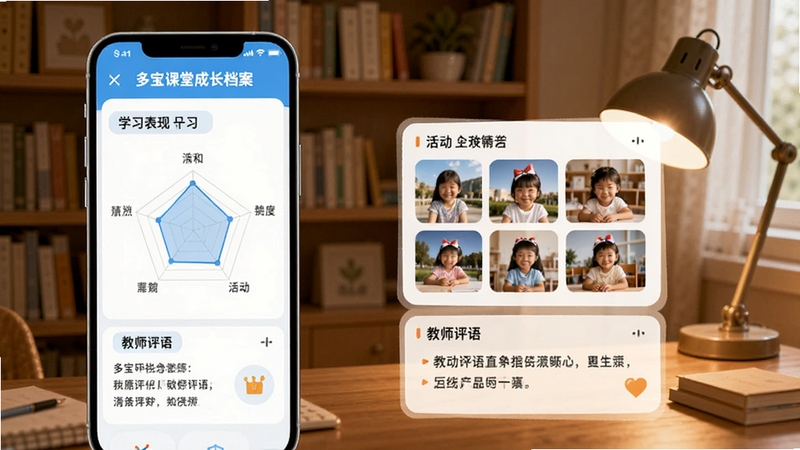 多宝课堂成长档案页面展示,手机屏幕显示学生成长记录,包含学习表现雷达图、活动照片墙、教师评语等模块,背景为温馨的家庭书房,书架与台灯营造安静氛围