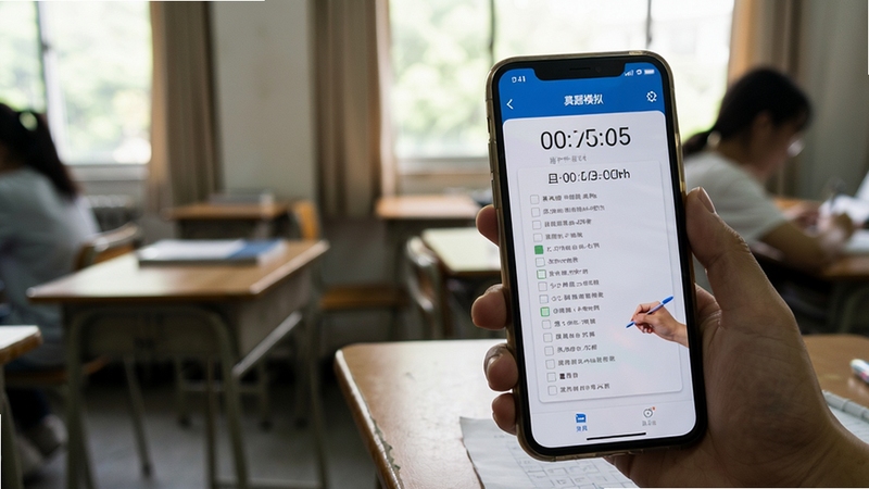 英语四六级考试真题模拟考试界面,手机显示倒计时与答题卡,背景为教室课桌,自然光线,写实风格,突出考试紧张感与专注氛围