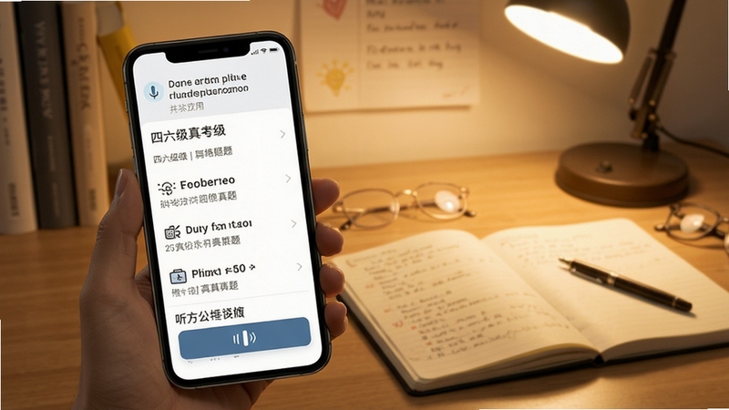英语四六级考试真题应用界面展示,手机屏幕上显示历年真题列表与听力播放按钮,背景为书桌与笔记,暖色调学习氛围,扁平化UI风格,细节清晰