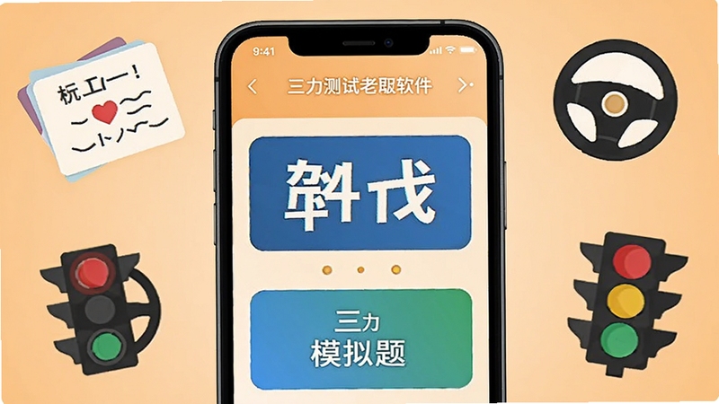 三力测试老年版软件主界面概览,画面中心展示一部智能手机屏幕,屏幕内呈现超大字体按钮和简洁的驾考模拟题库首页,背景为温馨的浅橙色渐变,周围环绕着记忆卡片、方向盘、红绿灯等交通元素图标,整体风格扁平化、高对比度、适合老年人视觉习惯,画面明亮清晰,无杂乱装饰