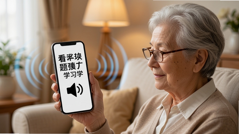 三力测试老年版语音读题功能展示,画面中一位银发老人戴着老花镜坐在沙发上手持手机,手机屏幕显示超大题目文字和醒目的喇叭图标,屏幕周围有模拟声波扩散的视觉元素,背景是温馨的家居环境,整体色调温暖柔和,突出老年人轻松使用手机学习的场景