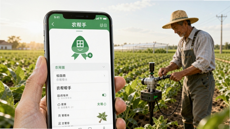 农帮手软件主界面与田间地头实景融合概念图,画面主体为一部显示农帮手应用界面的智能手机,背景是阳光明媚的农田与正在操作设备的农户,整体色调清新自然,展现科技服务农业的场景