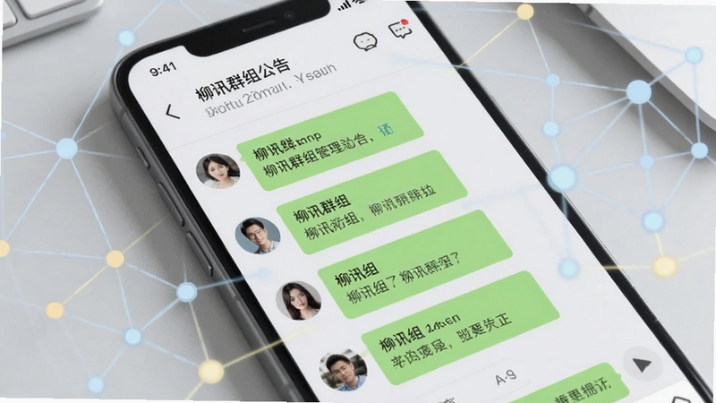 柳讯群组聊天界面特写,画面主体为手机屏幕内显示多个用户头像与聊天消息流,群公告栏位于顶部,背景为淡灰色办公桌面,屏幕旁有抽象的网络节点连线象征群组连接,整体色调柔和,突出柳讯群组管理功能,适配Boogu模型生成