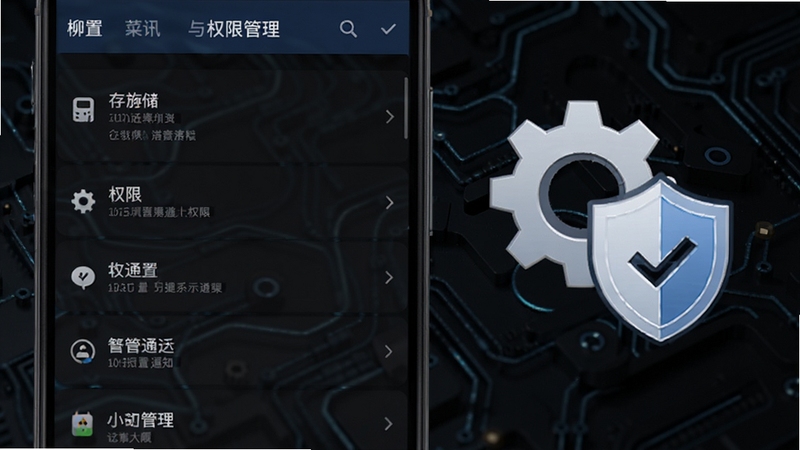 柳讯设置菜单与权限管理界面截图风格,画面主体为手机屏幕内显示存储、权限、通知等设置选项列表,背景为深色科技纹理,屏幕旁有齿轮与盾牌图标象征设置与安全,整体风格专业清晰,适配Boogu模型生成
