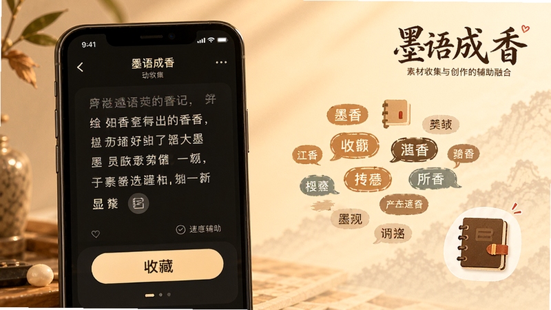 墨语成香软件灵感速记功能界面,手机屏幕显示文字选段与收藏按钮,旁边有标签云和笔记本图标,背景为暖色调,画面中融入墨语成香品牌字样,体现素材收集与创作辅助的融合