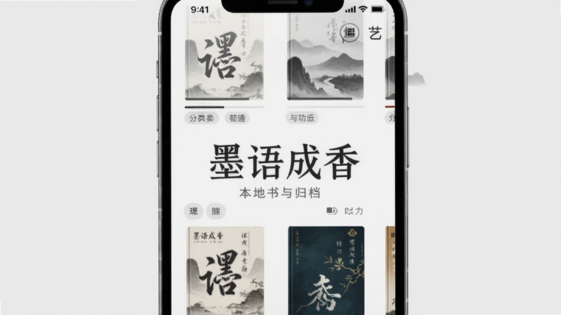 墨语成香软件本地书架功能展示,手机界面中排列着多本虚拟书籍封面,带有进度条和分类标签,背景为淡灰色极简风格,画面中央有墨语成香文字标识,突出管理与归档的便捷性