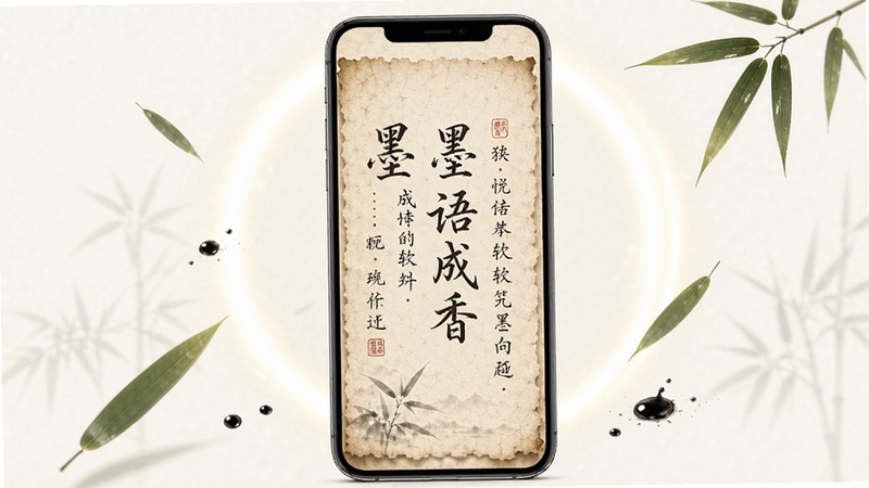 墨语成香软件界面展示,手机屏幕中呈现羊皮纸背景的阅读页面,文字排版疏朗,背景有柔和光晕,周围点缀几片飘落的竹叶与墨滴元素,整体风格清新雅致,适合作为软件预览图
