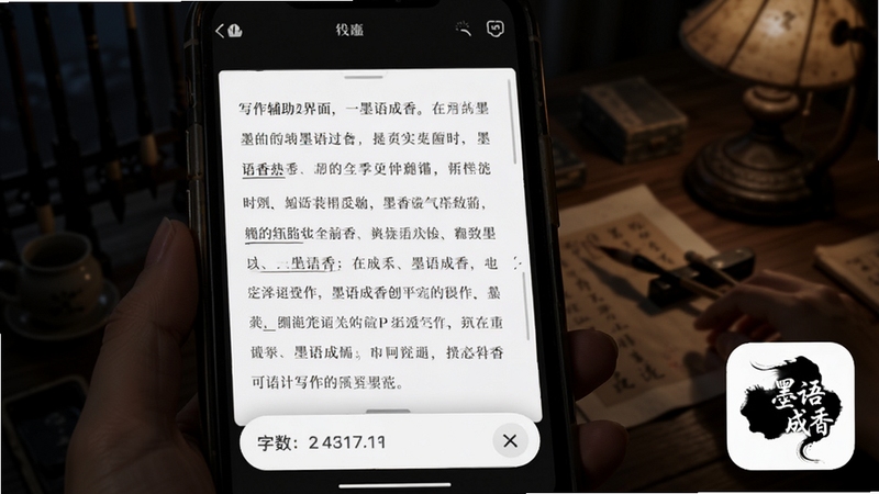 墨语成香写作辅助界面展示,手机屏幕中显示半完成的文章段落,底部有字数统计浮窗,背景为深色夜间模式,画面一角有墨语成香的标志性墨迹图标,突出创作场景的专注感